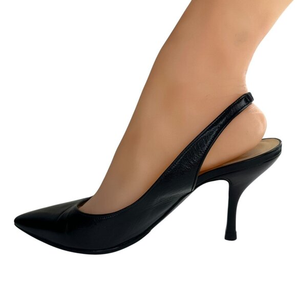 Chanel Shoes Slingback Heel Pumps Size 36/5.5 Black Leather Slip-On Pointed Toe - Picture 9 of 16